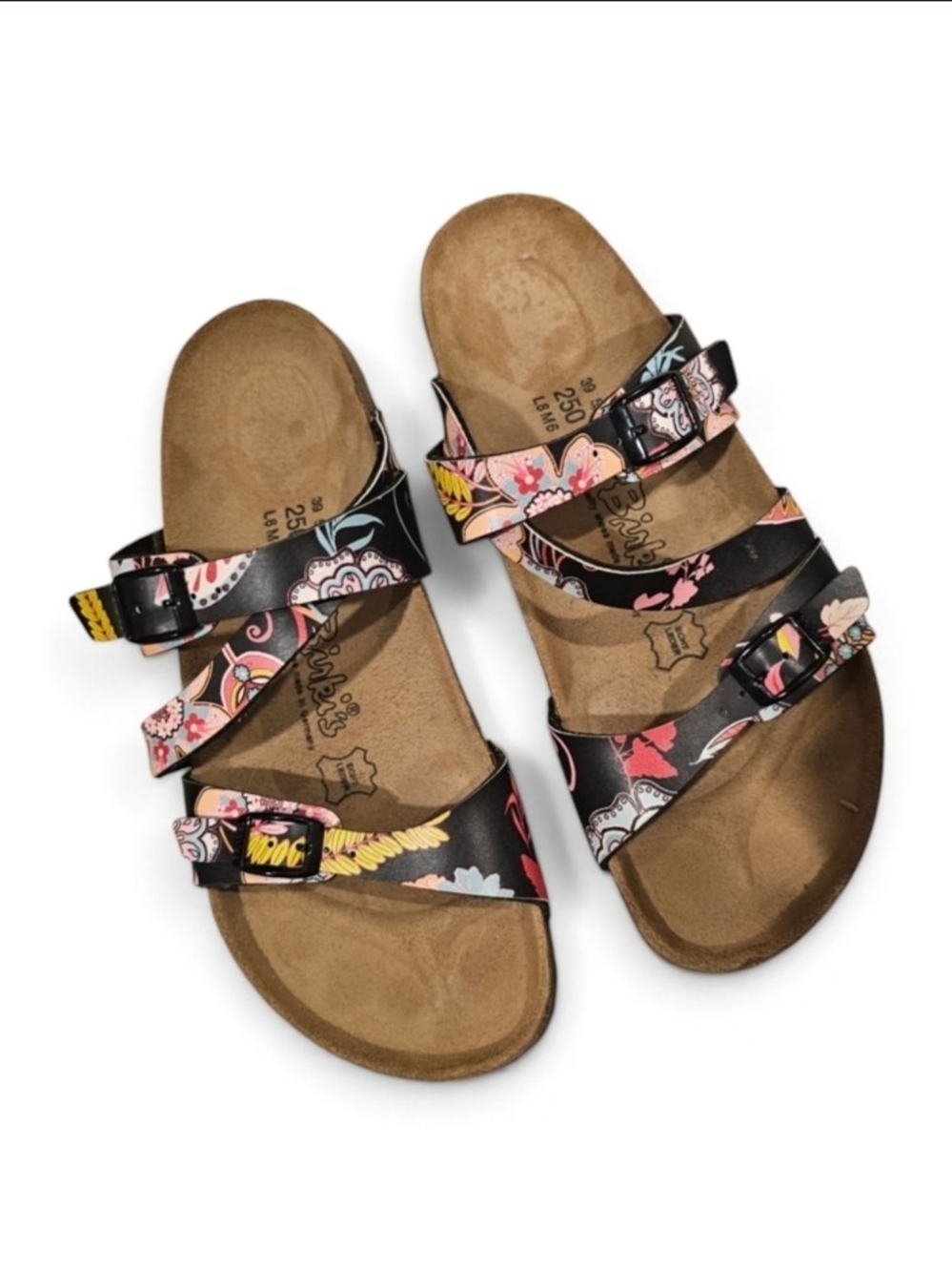 Birkenstock Women's Triple-Strap Floral Sandals - Black, Pink, Yellow